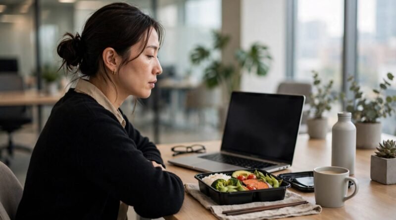 Employee working through lunch at a modern office desk