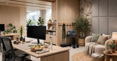Modern workplace wellness benefits including ergonomic work and employee wellbeing spaces