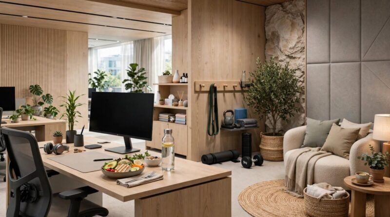 Modern workplace wellness benefits including ergonomic work and employee wellbeing spaces