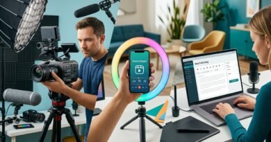 Creator comparing a camera setup, smartphone short-form content and a laptop blog to evaluate startup costs for different side hustles.