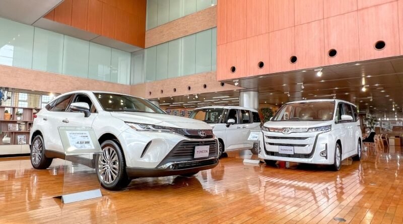 Toyota vehicles in a dealership showroom