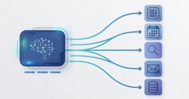 AI function calling concept showing a model triggering external tools such as search, calendar, calculator, email, and databases