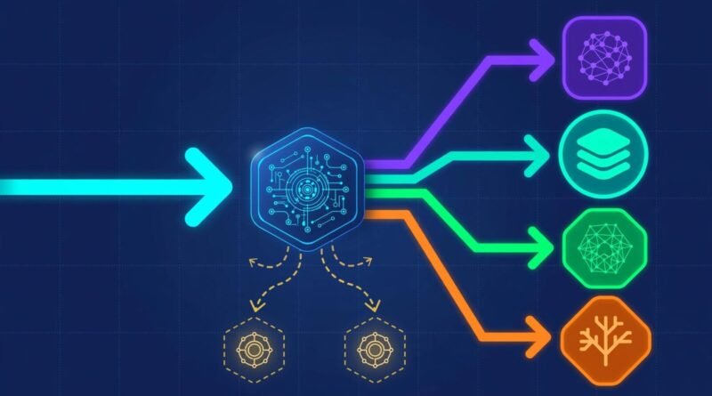 AI model routing concept showing requests directed between multiple models with fallback paths for speed, cost, and reliability