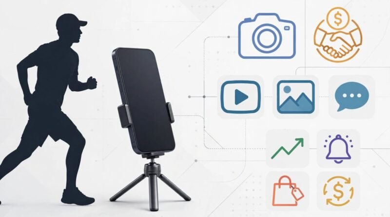 Editorial creator-economy concept showing an athlete using social media, sponsorships, and digital content for income
