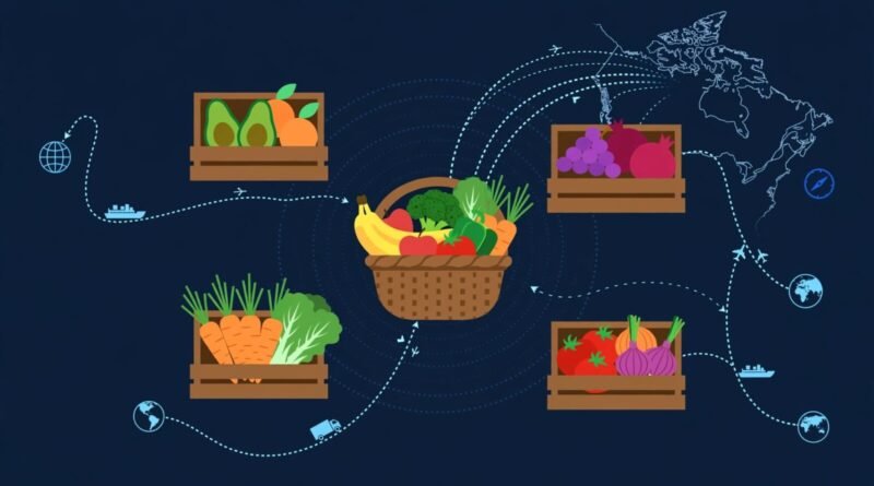 Editorial grocery supply-chain concept showing Canadian sourcing shifts, produce imports, and diversified suppliers