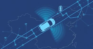 Editorial concept showing autonomous vehicles, smart roads, sensors, and connected mobility in China