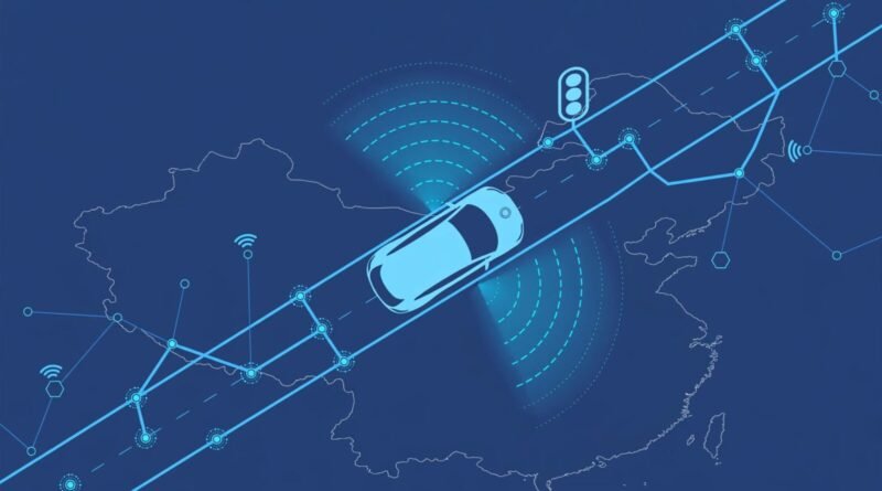 Editorial concept showing autonomous vehicles, smart roads, sensors, and connected mobility in China