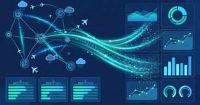 Editorial aviation analytics concept showing predictive flight routes, weather, airport capacity, and delay management