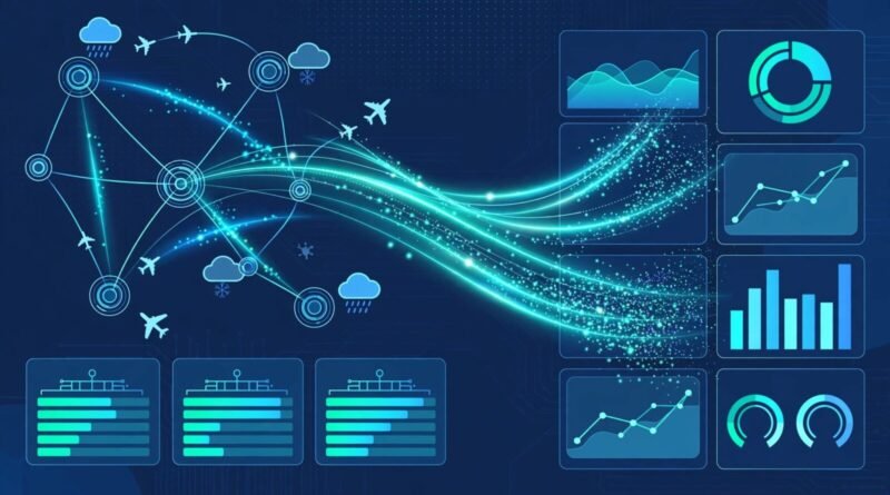 Editorial aviation analytics concept showing predictive flight routes, weather, airport capacity, and delay management