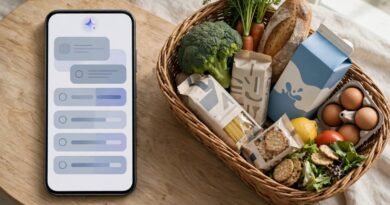 AI-assisted grocery shopping concept with a smartphone and grocery basket