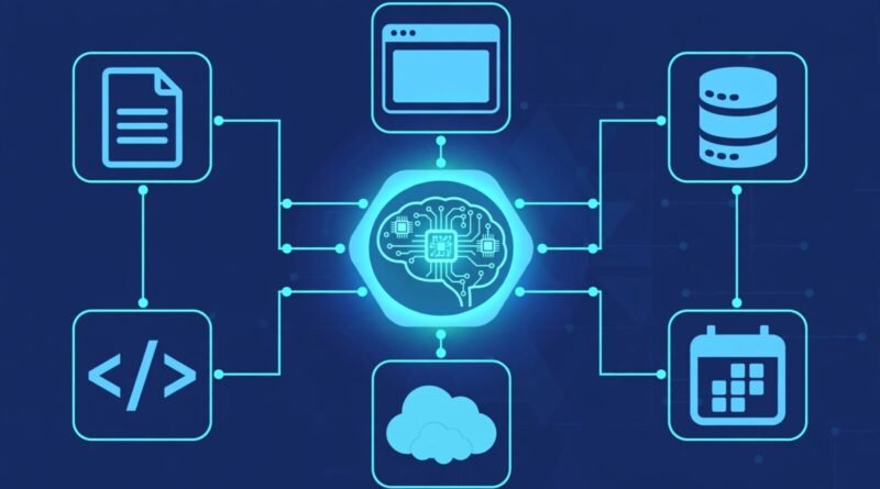Model Context Protocol concept connecting an AI system to documents, browsers, databases, calendars, code, and cloud tools