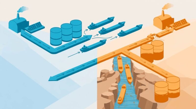 Editorial illustration of oil tankers and supply routes representing OPEC+ output policy