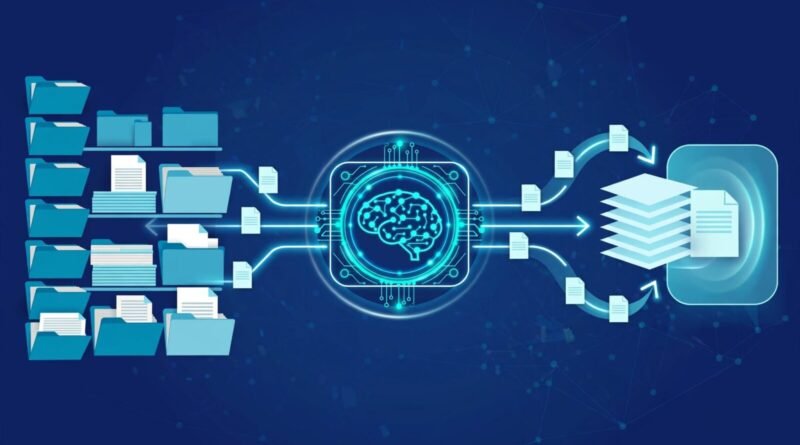 Retrieval-augmented generation concept showing an AI model retrieving relevant information from a document library before answering