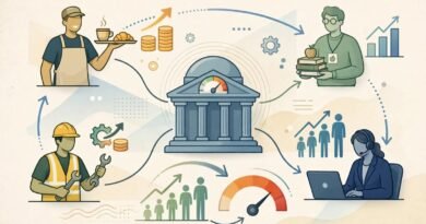 Editorial illustration of U.S. employment strength and interest-rate pressure